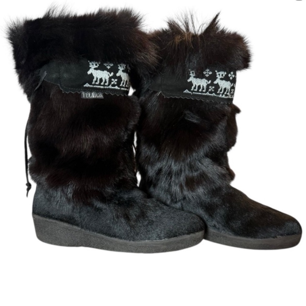 TEMARICA ITALIAN BLACK FUR SKI BOOTS WITH‎ EMBROIDERED REINDEER 37Italy/6.5 US